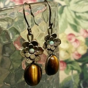 .925 Silver Flower Oval Tigers Eye Hook Earrings